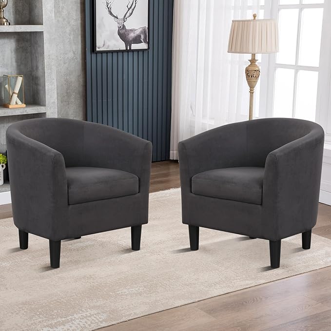 INZOY Modern Accent Chair with Ottoman for Small Space, Club Chair with Ottoman Set, Comfy Fabric Barrel Reading Chairs for Living Room Bedroom, Round Reading Chair with Foot Rest, Dark Grey