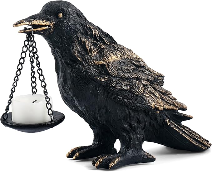 Raven Gothic Home Decor Fake Crow Light Holder Raven Lamp Tealight Candle Holder Resin Raven Statue Wearing Gold