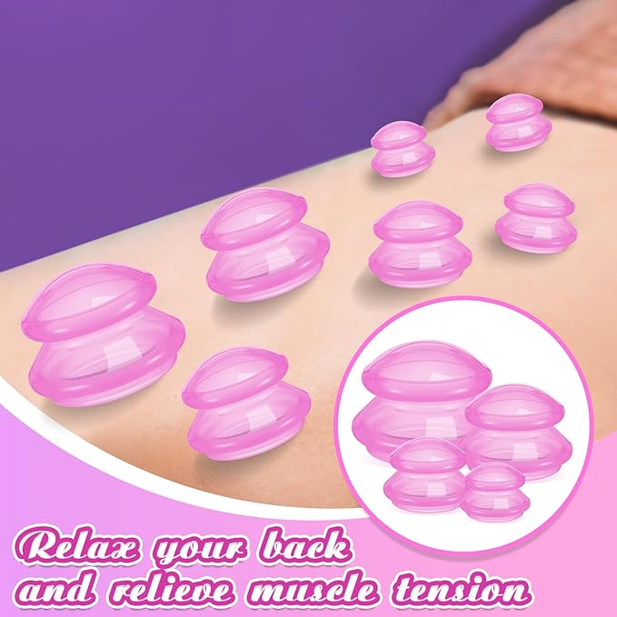 Nuanchu 8 Pcs 4 Sizes Cupping Therapy Set with Satin Bag Silicone Massage Cups Professional Cupping Therapy Vacuum Cup for Cellulite Joint Pain Muscle Pain(Clear Hot Pink)