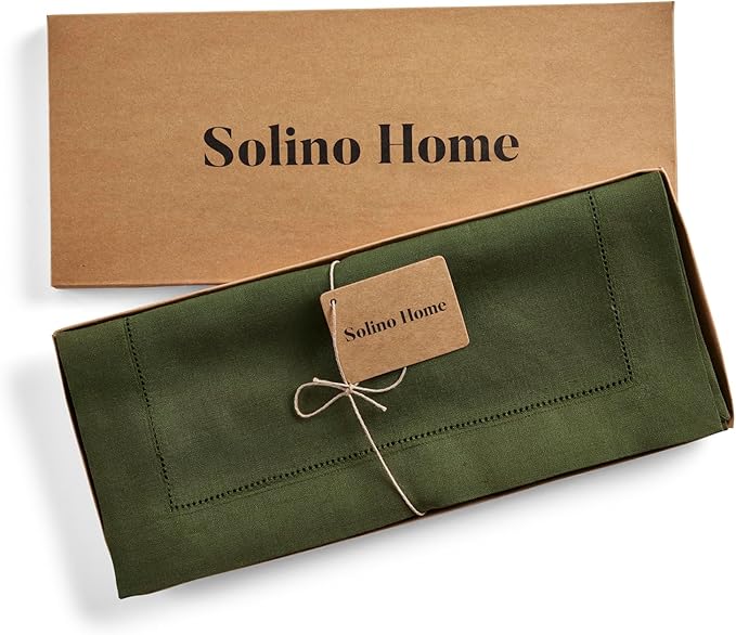 Solino Home Linen Olive Table Runner 132 Inches Long - 100% Pure Linen Extra Long Table Runner 14 x 132 Inch for Fall, Autumn, Thanksgiving - Classic Hemstitch