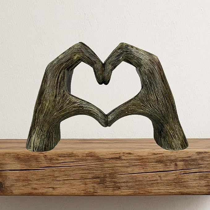 Top Brass Large Rustic Heart Hands Sculpture, 9 3/4” Resin Love Statue – Romantic Decor Accent for Shelf or Mantel – Perfect for Wedding, Valentine's Day or Anniversary (Rustic Wood Grain)