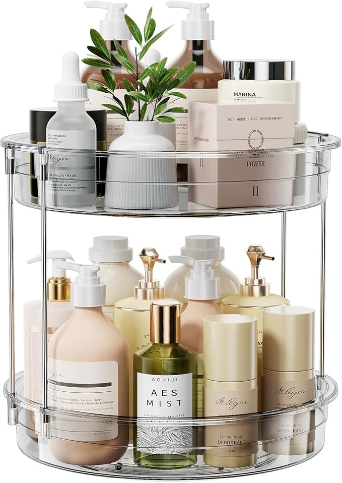 LAMU 12 inch 2 Tier Lazy Susan Turntable Organizer Rotating Spice Rack Organization for Cabinet, Kitchen, Pantry, Countertop, Bathroom, Vanity, Medicine Cabinet Organizer, Grey