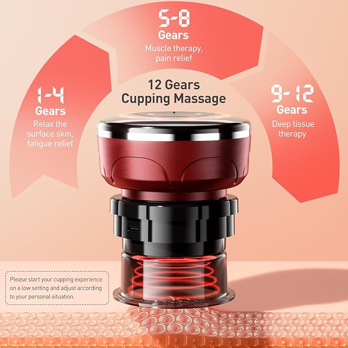 UBALANCE Cupping Kit for Massage Therapy, Cupping Therapy Set 6 Cups, Electric Smart Cupping Machine, 4 in 1 Negative Pressure Massager with 12 Modes for Fatigue Relief, Red