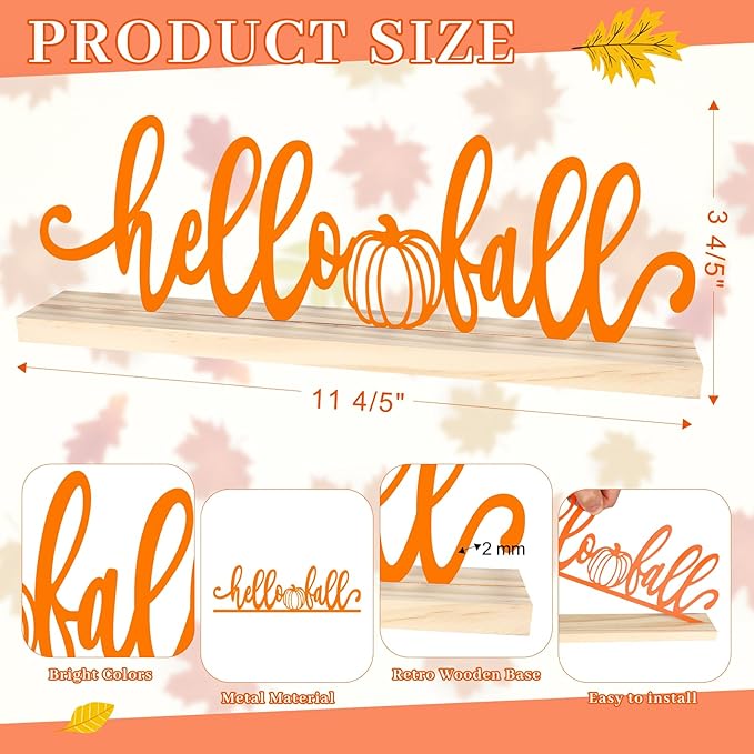 COCHIE Metal Hello Fall Sign, Orange Fall Decorations for Home, Office, Shelf, Mantel, Indoor, Autumn Decoration, Pumpkin Decor (Autumn B)