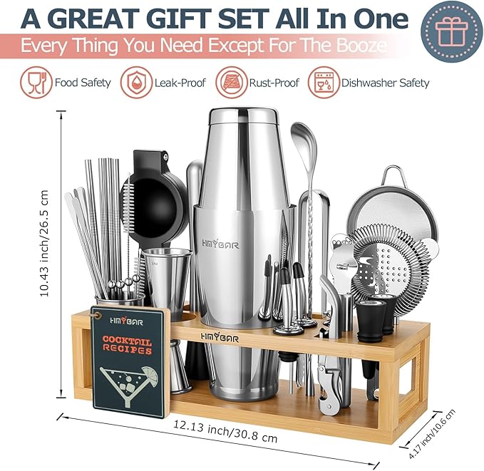 HMYBAR® Mixology Bartender kit | Cocktail Shaker Set | Boston Shaker Set, 20/28 OZ | Martini Making Set for Home Bar.Total 31 pcs incl 39-Recipe Cocktail Cards. Silver Tools. Bamb Stand Natural Color