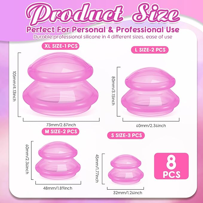 Nuanchu 8 Pcs 4 Sizes Cupping Therapy Set with Satin Bag Silicone Massage Cups Professional Cupping Therapy Vacuum Cup for Cellulite Joint Pain Muscle Pain(Clear Hot Pink)