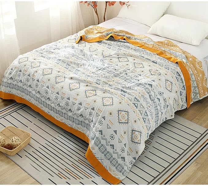 Boho Muslin Blanket for Adults 4-Layer Gauze Twin Size Soft Cozy 100% Cotton Cooling Blanket Geometric Farmhouse Decor for Sofa Bed Coverlet Both Sides (Boho-G-Yellow, Twin 60 x 80 in)