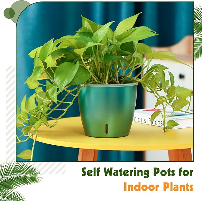 Self Watering Pots for Indoor Plants, 6-Pack 5'' Self Watering Planter with Drainage Holes, Small African Violet Pots with Water Indicator, Clear Wick Orchid Pot, Blue Gold
