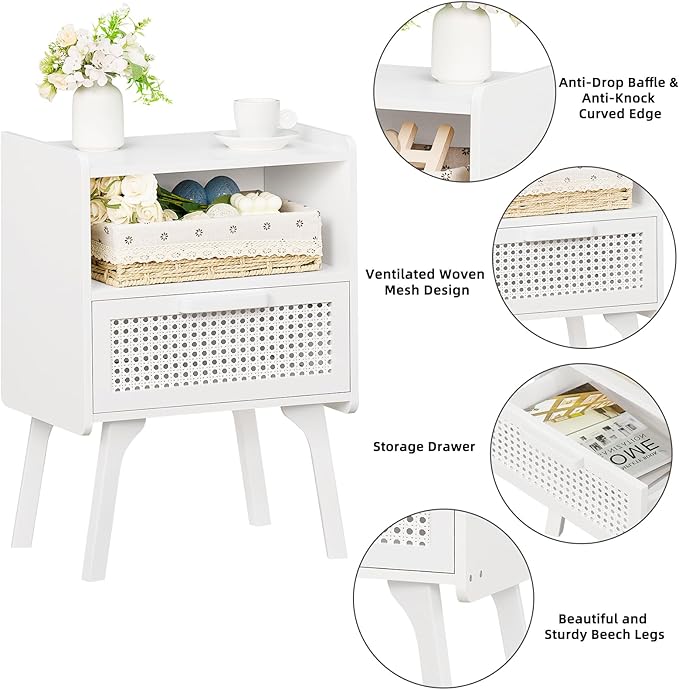 Lerliuo Rattan Nightstand, Side Table with Drawer Open Shelf, Cane Accent Bedside End Table with Solid Wood Legs, Mid Century Modern Night Stand for Bedroom, Dorm and Small Spaces (White)