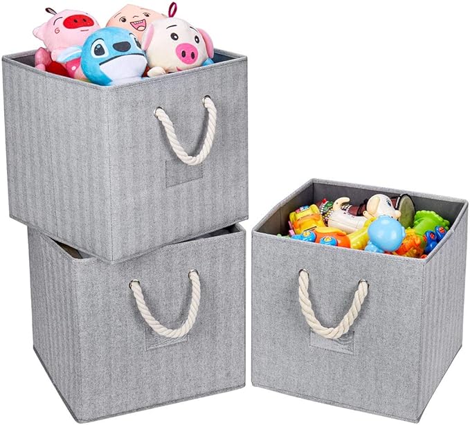 Robuy Cube Storage Bins,Grey Fabric Foldable Storage Bins,Set of 3 Stroage Boxes with Cotton Rope Handles for Organizer Home,Office, Nursery 13x13x13 inch