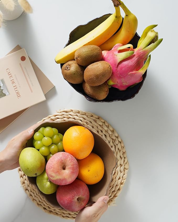 Fruit Bowl for Kitchen Counter, Porcelain Decorative Bowl for Home Décor Modern Pedestal Bowl with 3-Legs Large Centerpiece Bowl for Breads, Nuts, Brown