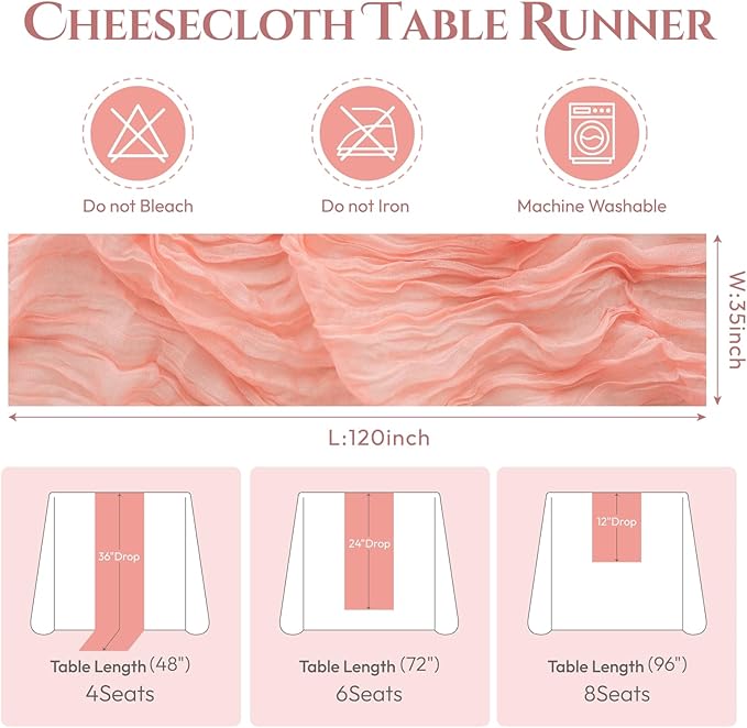 Sioloc 5 Pack Peach Coral Cheesecloth Table Runner Fall Autumn Decor for Home 10ft Table Cloth for Tea Wedding Birthday Party Baby Bridal Shower Halloween Thanksgiving