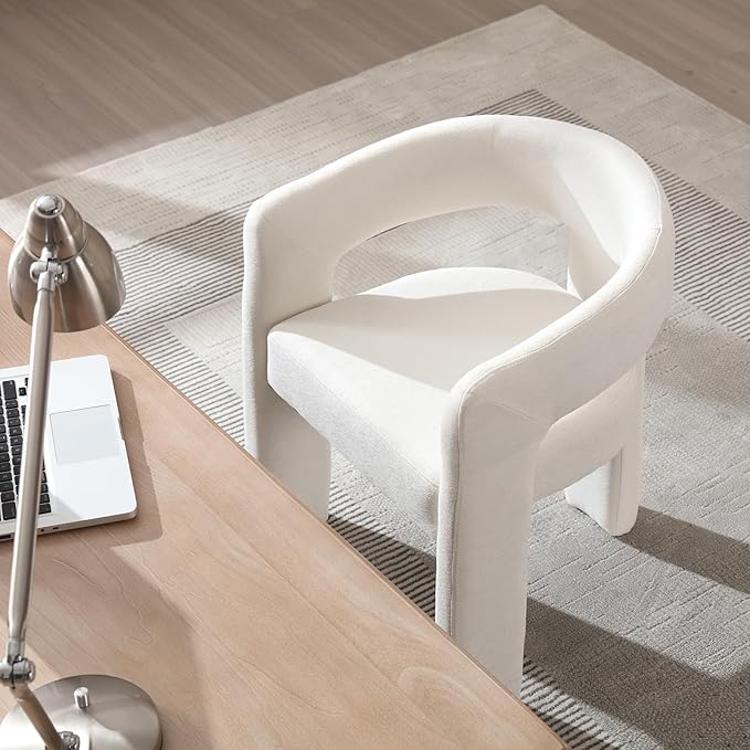 White Chenille Dining Chairs Set of 6, Modern Barrel Dining Room Chairs Upholstered Accent Chair with Arms and Round Back for Living Room Kitchen Armchair No Assembly Needed