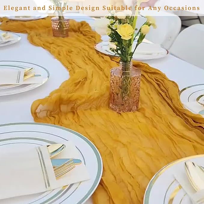 6 Pack Mustard 10FT Cheesecloth Table Runner Rustic Gauze Fabric Cheese Cloth Table Runner for Wedding Bridal Baby Shower Table Decor Boho Sheer Birthday Party Table Decorations 20 x 120 Inch Long