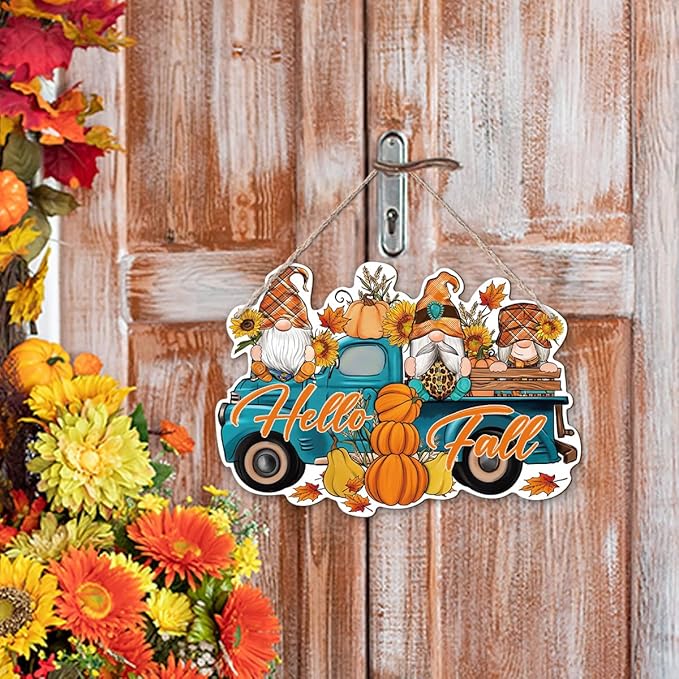 Hello Fall, Wood Hanging Gnome Decoration, Hello Fall Wood Hanging Decors, Rustic Thanksgiving Decors for Porch, Indoor Outdoor Autumn Door Decor(Truck), Housewarming Gift, Home Indoor Outdoor Decor