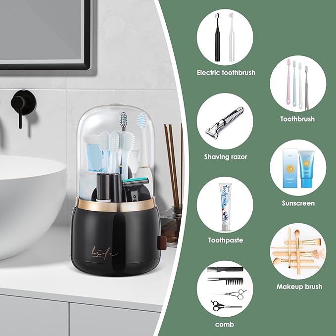 Toothbrush Holders for Bathrooms,Rotating 7-Slot with Cover and Draining Water,Kids Electric Toothbrush Holder and Toothpaste Stand Storage for Bathroom Accessories Counter Organizer Vanity