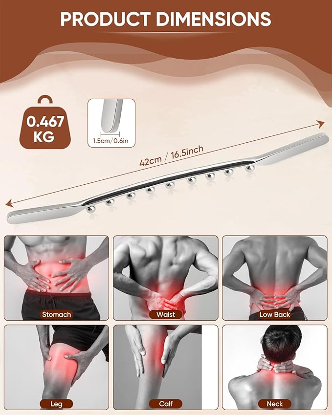 ONUEMP Stainless Steel Gua Sha Stick, Lymphatic Drainage Massager Cellulite Remover, Pressure Point Muscle Scraper Tool, Maderoterapia Kit for Body Sculpting, Fascia Massage, Myofascial Release