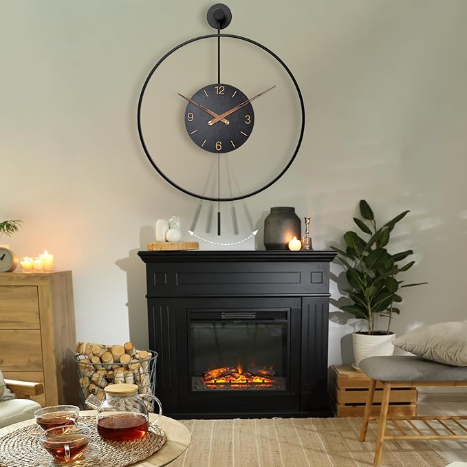 Large Modern Wall Clock,34.6×24 Inch Big Metal Minimalist Arabic Numeral Dial,Decorative Farmhouse Pendulum Wall Clocks with Walnut Pointers forLiving Room Decor, Office,Dining Room