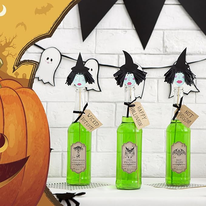 KIMOBER 144PCS Halloween Bottle Labels, Assoeted Vintage Laminated Animal Apothecary Potion Bottles Stickers for Halloween Party Supplies Photo Props
