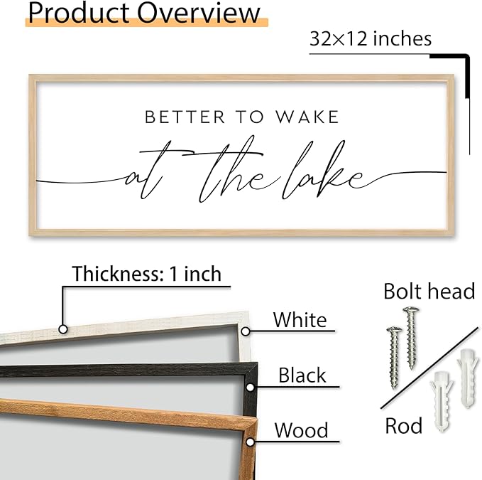 SRSZHIYUE Better To Wake At The Lake Wall Decor Above Bed Sign 32"×12" for Lake House Bedroom Over Bed Large Wood Framed Wall Hanging Art (Wood)