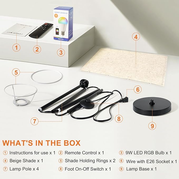 FRIDEKO HOME Floor Lamps for Living Room, Dimmable 3 Colors Temperature, Modern Corner Floor Lamp with Remote, Tall Standing Lamps for Kid Room Bedroom, Foot Switch, Beige Shade, 9W RGB LED Bulb