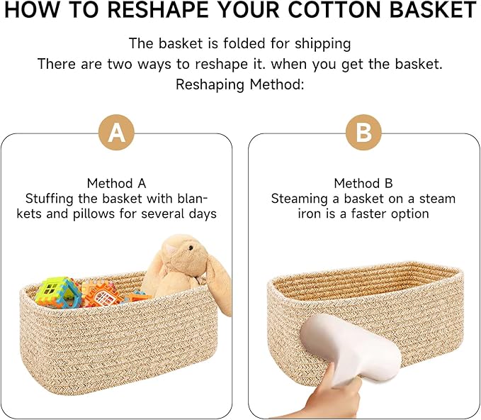 Small Storage Baskets for Organizing | Closet Organizer Bins | Shelf Toy Basket | Woven Rope Baskets | Cube Decorative Box | Shallow Basket | 13x8.5x5.1” | 4 Packs White Pink
