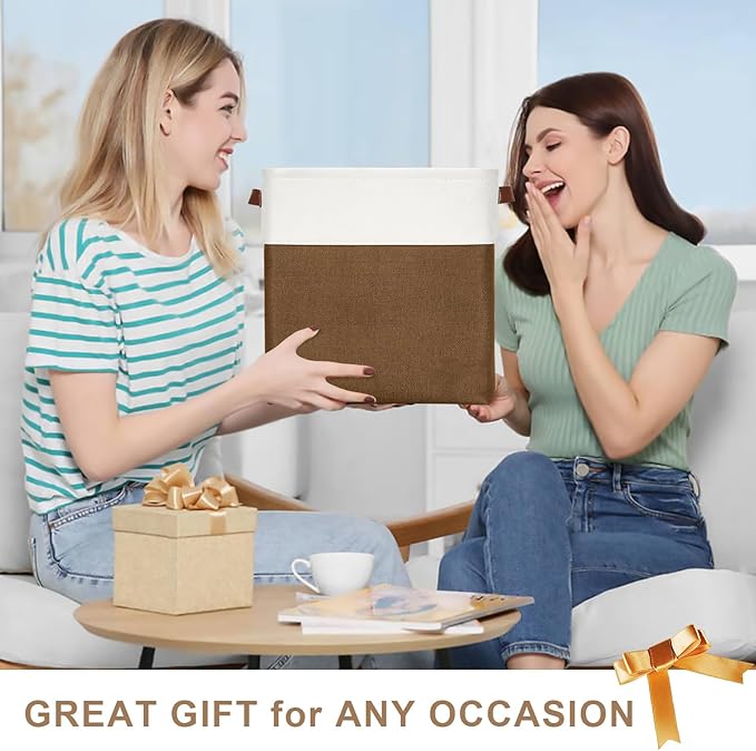 13x13 Cube Storage Bins, Collapsible Fabric Storage Box, 4 Pack Closet Baskets with Handles for Organizing, Shelf, Toys, Clothes, Home, Office, Nursery (Brown&White)