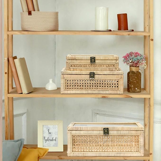 Rattan Decorative Boxes with Glass Lids, Set of 3 Sizes Boho Natural Hand-woven Cane Home Decor Organizers Storage Bins, Display Boxes Natural Finish