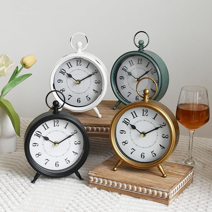 Vintage Small Rustic Green Table Clock on Stand - Decorative Desk and Shelf Clock, Battery Operated, Silent Non-Ticking Timepiece Perfect for Office, Living Room, and Bedroom Decor
