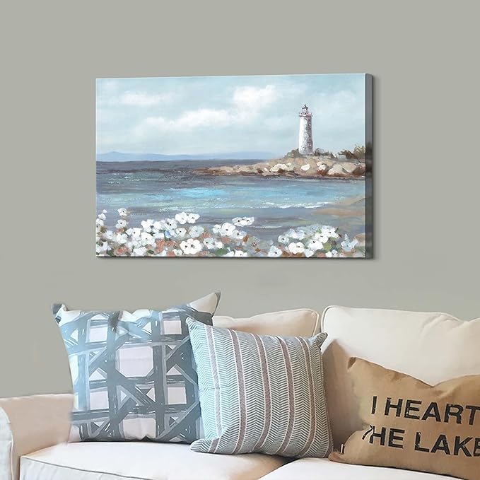 cozy country Lighthouse Wall Art 36"x24" - Coastal Pictures Beach Canvas Ocean Decor - Nautical Artwork Seascape Hand Painting for Bedroom, Sea House