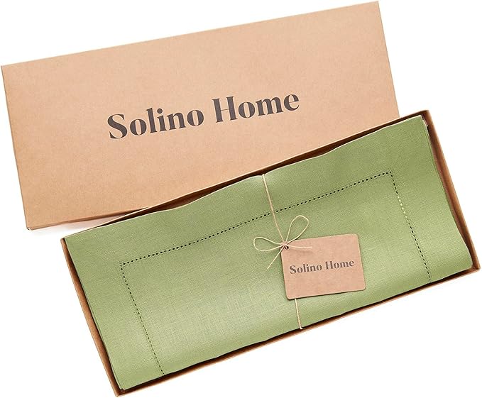Solino Home Linen Moss Green Hemstitch Table Runner 48 Inches - 100% Pure Linen Small Table Runner 14 x 48 Inch Ideal for Dresser and Coffee Tables - Classic Hemstitch - Fall, Halloween, Thanksgiving