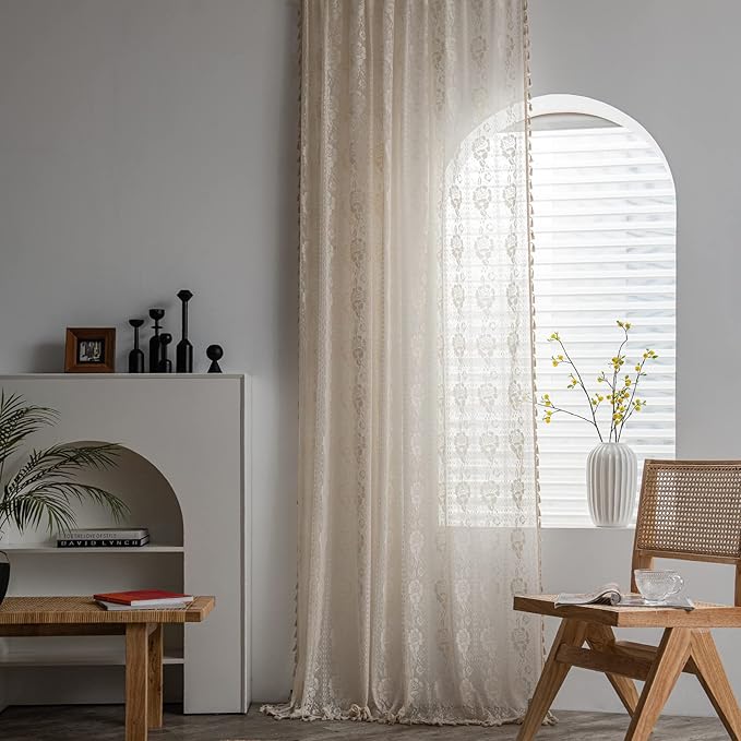 Sutuo Home Crochet Boho Curtains Rose Florals Embroidery, Sheer Lace Handmade Tassels Knitted Window Treatment Vintage Rustic Bohemian Farmhouse Drape for Bedroom Rod Pocket 1 Panel 59" W x 84" L