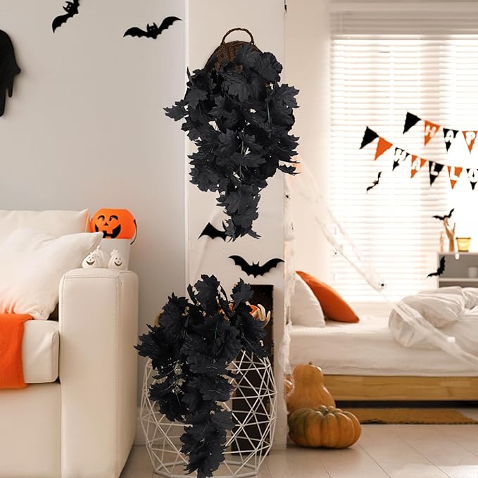 RECUTMS Black Maple Leaf Artificial Hanging Plants Fake Plants Faux Fall Leaves Halloween Faux Plants Autumn Leaves Artificial Wall Hanging Indoor Outdoor Halloween Decoration(Black)