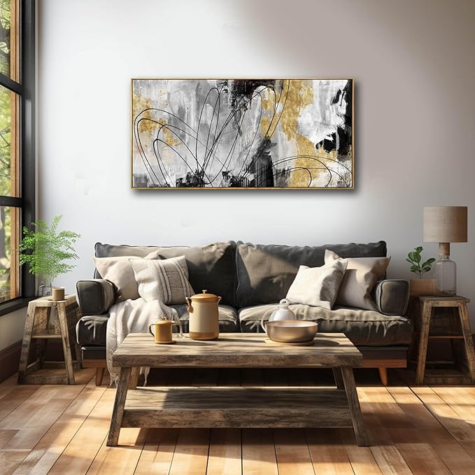 YJYart Line Art Wall Decor Black and Gold Wall Artwork 20"x40" Canvas Wall Art for Living Room Kitchen Wall Picture Ready to Hang