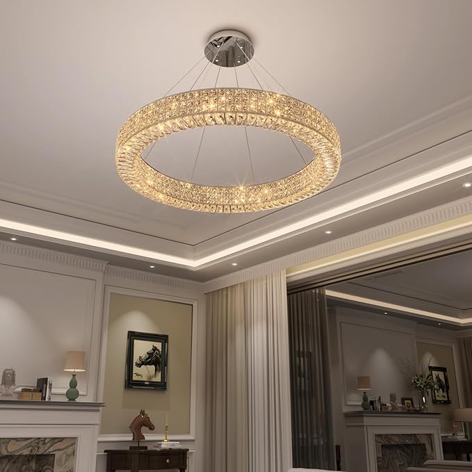 Dia 40" Modern Crystal Chandelier Light Fixtures Silver Luxury Chandeliers for Dining Room Round Hanging Pendant Lighting for Living Room Kitchen Entryway Bedroom