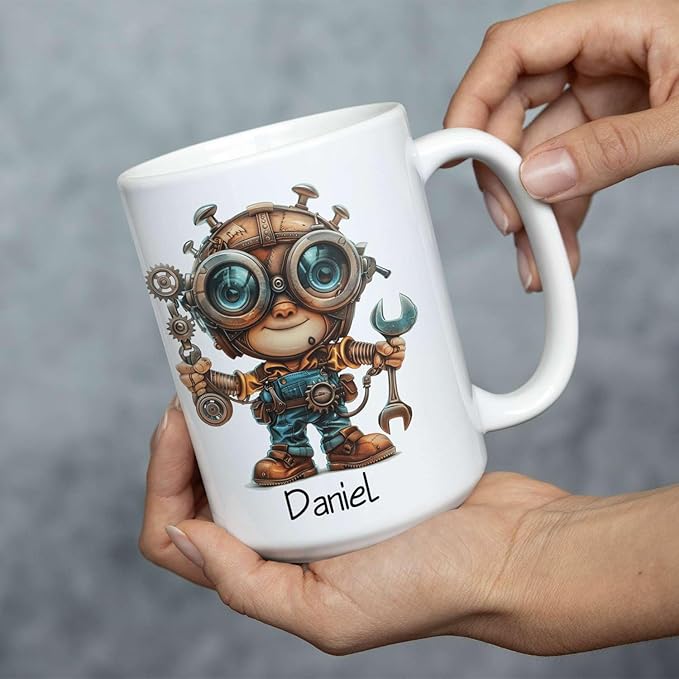 Personalized Tech Enthusiast Coffee Cup 11oz 15oz, Customized Steampunk Character Design Ceramic Mug, Unique Custom Name Mug Gift For Engineer, Kid Cup, Cute Mechanic White Cup