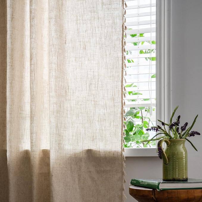 Sutuo Home Boho Curtain 72 Inches Long for Bedroom, Natural Linen Look Textured Burlap Rod Pocket Chic Semi Blackout Bohemian Handmade Tassels Window Treatment for Living Room, 1 Panel 59" W x 72" L