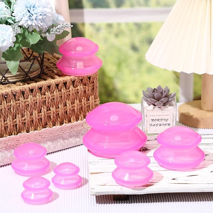 Nuanchu 8 Pcs 4 Sizes Cupping Therapy Set with Satin Bag Silicone Massage Cups Professional Cupping Therapy Vacuum Cup for Cellulite Joint Pain Muscle Pain(Clear Hot Pink)