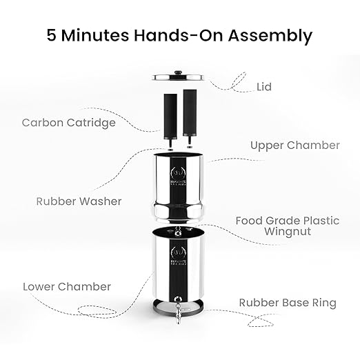 Gravity Water Filter System - 1.5 Gallons NSF Certified AISI 304 Stainless Steel Water Filter with 2 Smart (Black) Carbon Filter Elements & Free Stainless Steel Stand and Spigot (1.5G)