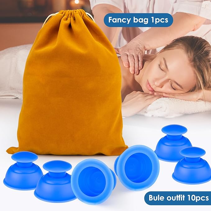 Silicone Cupping Therapy Sets-10pcs Professional Vacuum Cupping for Myofascial Massage/Joint Pain/Anti Cellulite/Deep Muscle Relief & More(Blue)