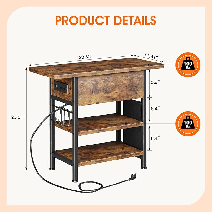 End Table with Charging Station, Flip Top Nightstand with USB Ports and Outlets, Couch Side Table with Fabric Bag and Hooks, Bedside Table for Space Saving, Living Room, Bedroom (Rustic Brown)