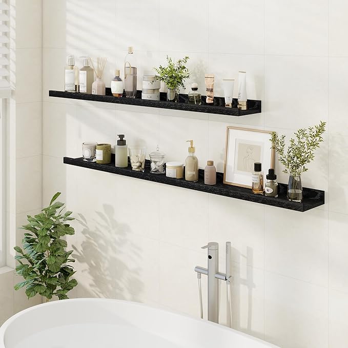 Floating Picture Ledge Shelves 48 Inch Solid Oak Wood Set of 2, Rustic Wall Storage Shelves with Lip, Kids Bookshelf, Photo & Picture Ledge Shelves for Bedroom, Living Room, Kitchen