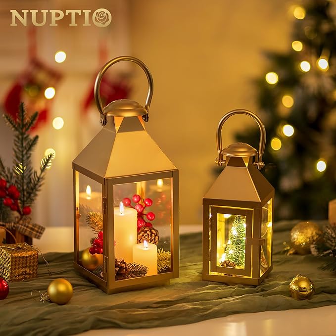 NUPTIO Gold Lanterns Decorative Indoor: 8.6 Inch Tall Metal Lantern with Glass for Pillar Candle - Fireplace Decor for Christmas Home Living Room Mantle Porch Wedding