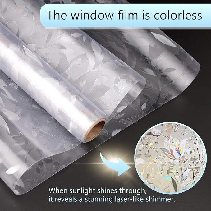 HIDBEA Window Privacy Film, 3D Stained Glass Static Cling - Sun Blocking Anti-UV Heat Control, Reusable Decorative Film for Home/Office Doors, Rainbow Tulip Design (29.5 in x 78.7 in)