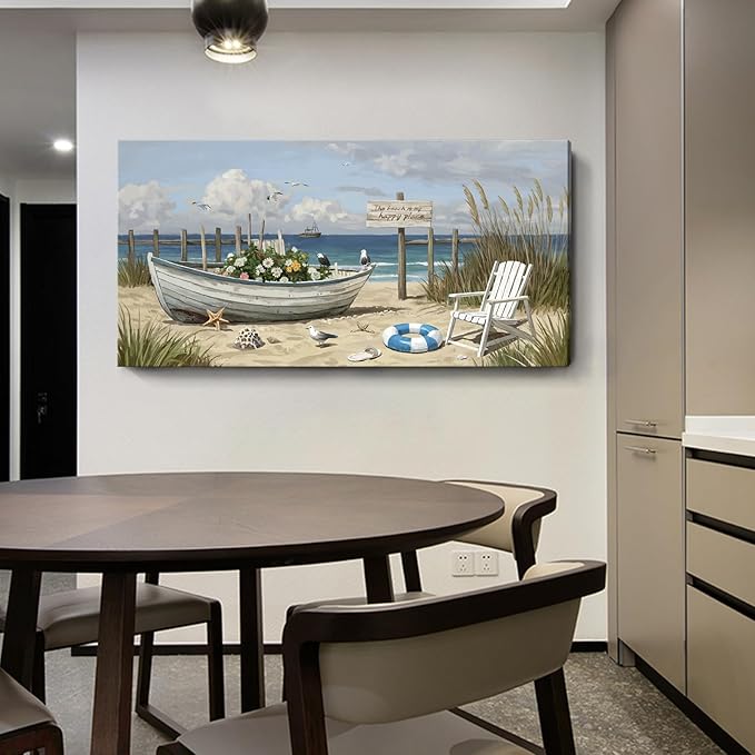 amatop Oversized Coastal Canvas Wall Art – Nautical Seaside Landscape Floral Boat on Sandy Beach Ocean Seabirds Horizontal Decor Large Wildflower Nature Artwork for Living Room Bedroom Office 58×29 Inch