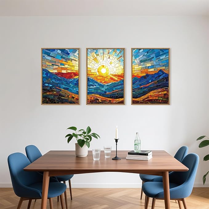 Mountains Framed Canvas Wall Art Set, Modern Abstract Art Painting, Irregular Square Ridge Wall Decor, Sunrise Art Print for Living Room, Bathroom, Bedroom, Office - 16"x24"x3