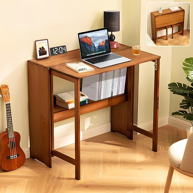 31.5" Bamboo Folding Desk,Space-Saving Computer Desk for Small Spaces, Foldable Study Table for Bedroom, Home Office, Dorm, Apartment(Brown