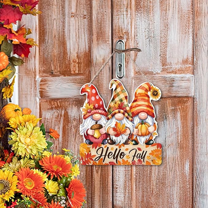 Hello Fall Wood Hanging Gnome Decoration, Autumn Wooden Signs, Rustic Thanksgiving Decoration, Home Interior And Exterior Decor, Autumn Harvest Thanksgiving Home Decor