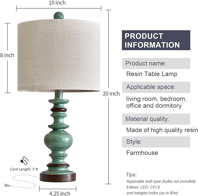 BOBOMOMO 20" Farmhouse Lamps for Bedrooms Set of 2, Retro Side Table Lamps Bedside Lamp for Side Nightstand Living Room(Suitable for Decorating Small Areas)