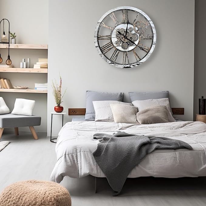 The B-Style 36" Large Moving Gear Wall Clock Oversized Vintage Farmhouse Wall Clocks for Living Room Decor Rustic Industrial Wood Clock (Gray White and Bronze Gears)